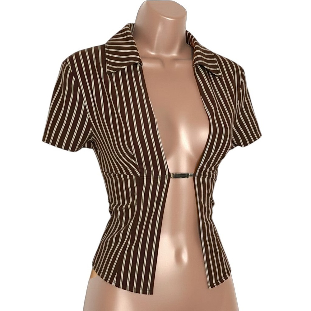 New‎ Small Brown Pin stripe Short Sleeve Open Front Crop Top Metal Clasp Closure